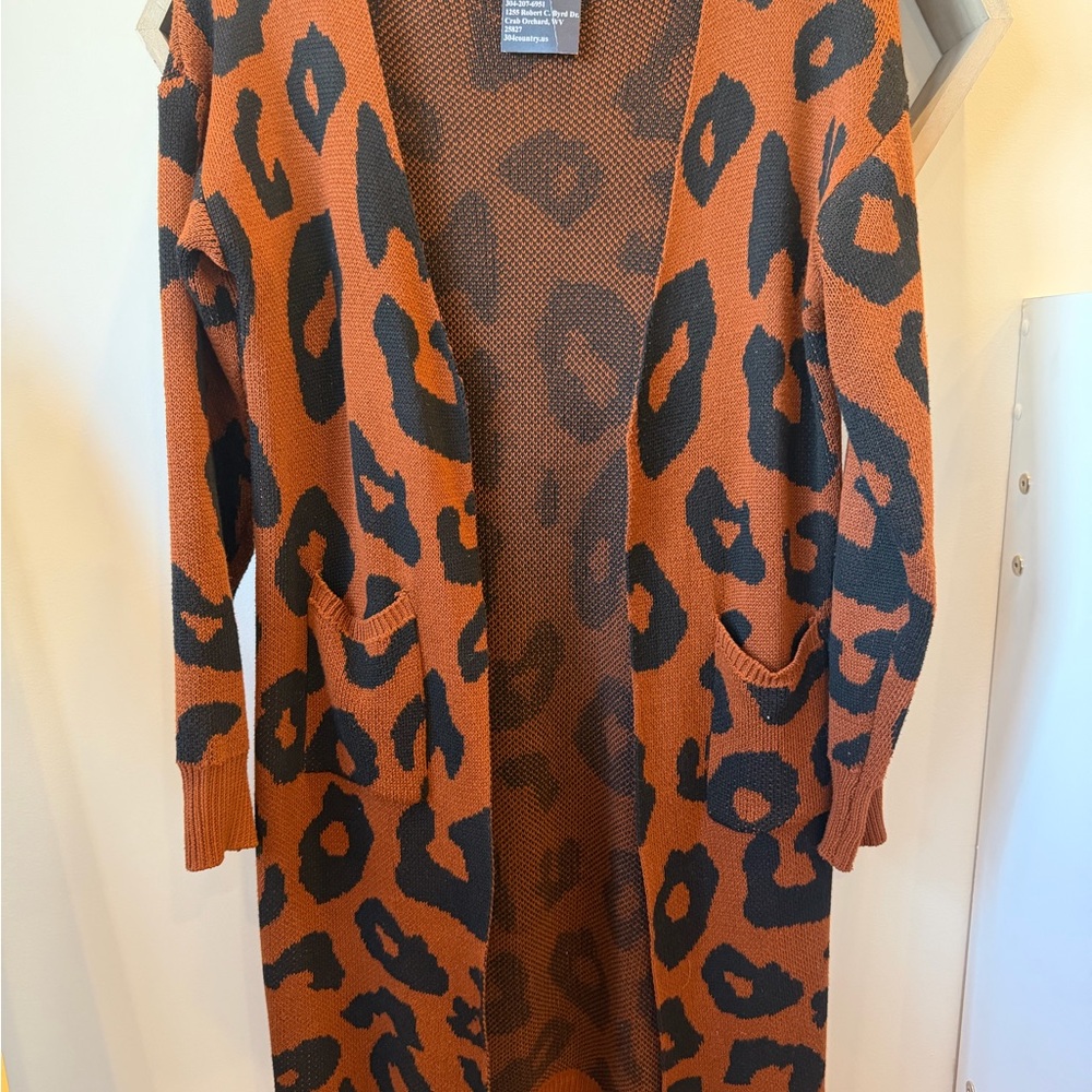 Rust Leopard Print Open-Front Knit Cardigan Sweater